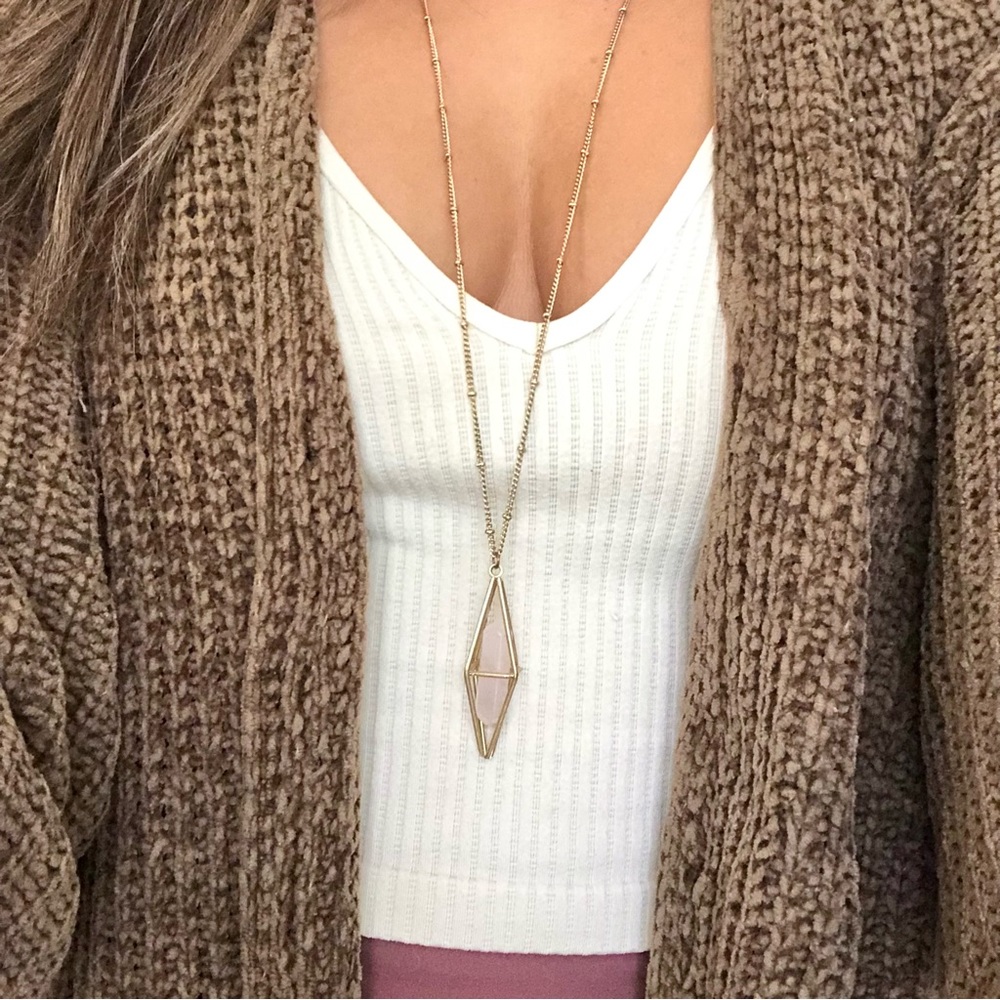 Caged Rose Quartz Necklace in Geometric Pendant